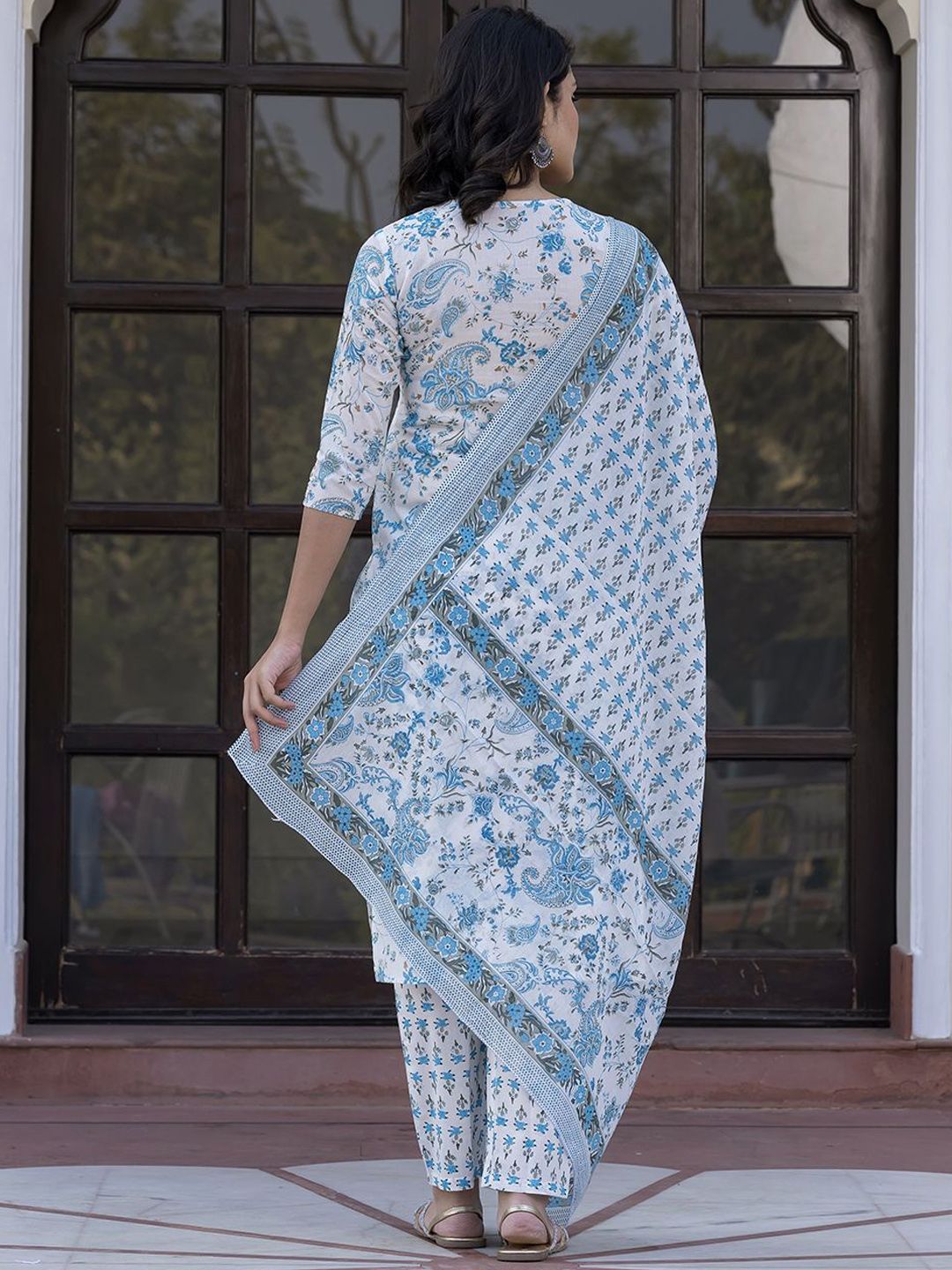 Dhiyona KL Paisley Printed Mirror Work Straight Pure Cotton Kurta With Trousers & Dupatta