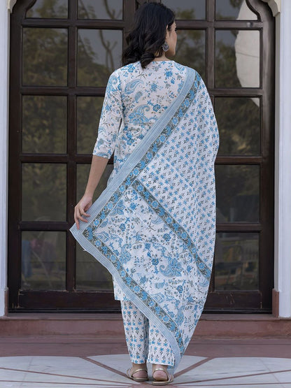 Dhiyona KL Paisley Printed Mirror Work Straight Pure Cotton Kurta With Trousers & Dupatta
