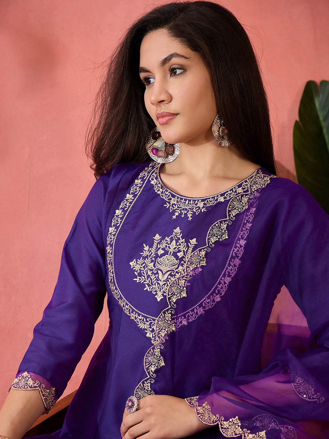 Purple Woven Design Yoke Design Kurta With Trouser And Dupatta et