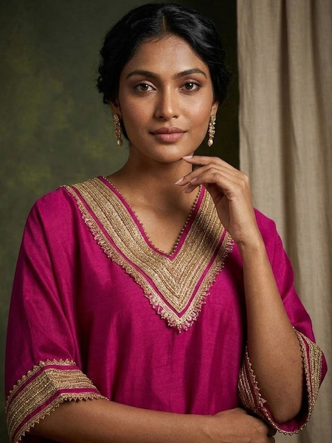 Embroidered V-Neck Kurta & Trousers