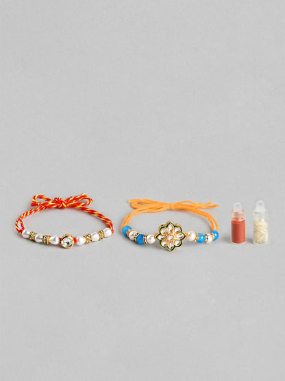 Dhiyona Unisex Set of 2 Beaded Bhai Bhabhi Rakhis With Roli & Chawal