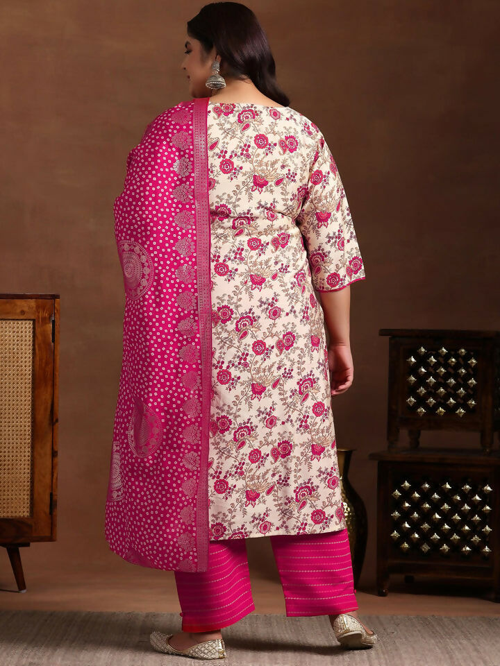 Women's LB Plus Size Pink Printed Silk Blend Straight Suit With Dupatta