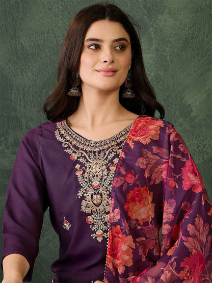 Dhiyona KL Women Embroidered Straight Kurta with Trousers & Dupatta