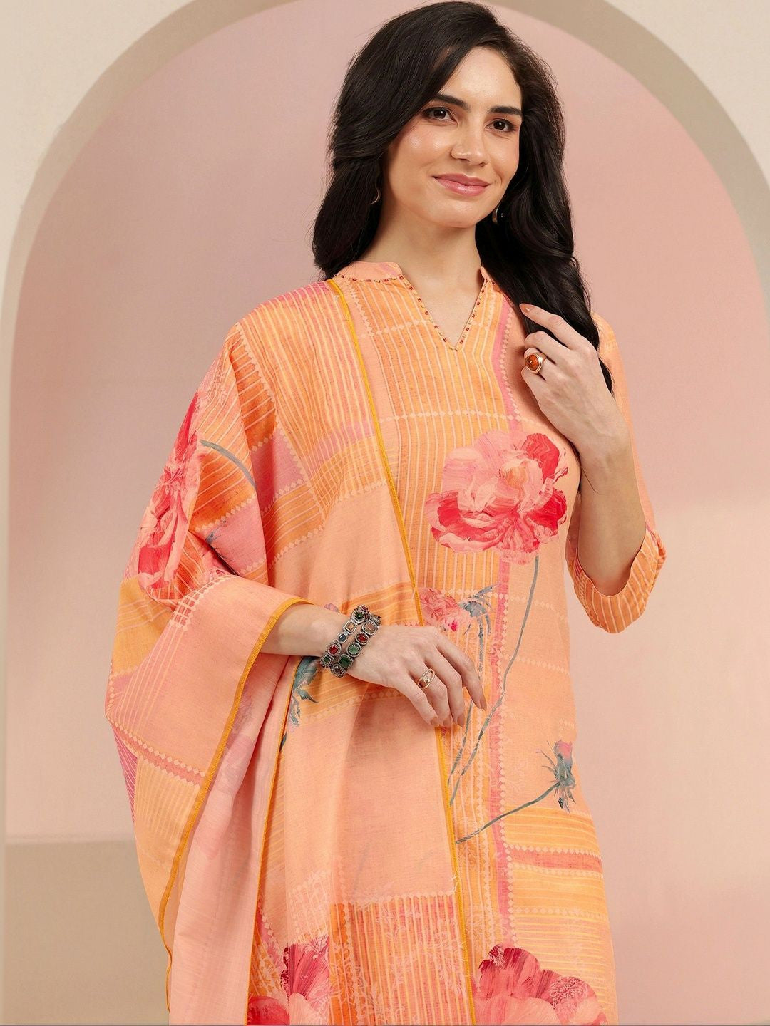 Peach Floral Printed Muslin Straight Suit Set