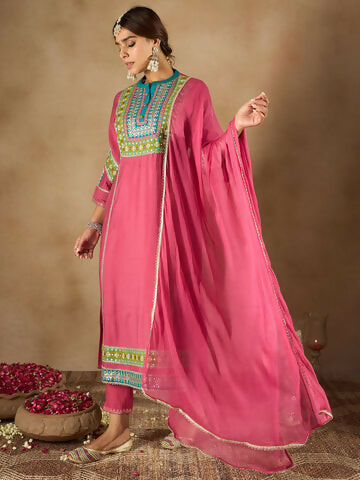 Women's Pink Embroidered Straight Kurta Trousers With Dupatta Set