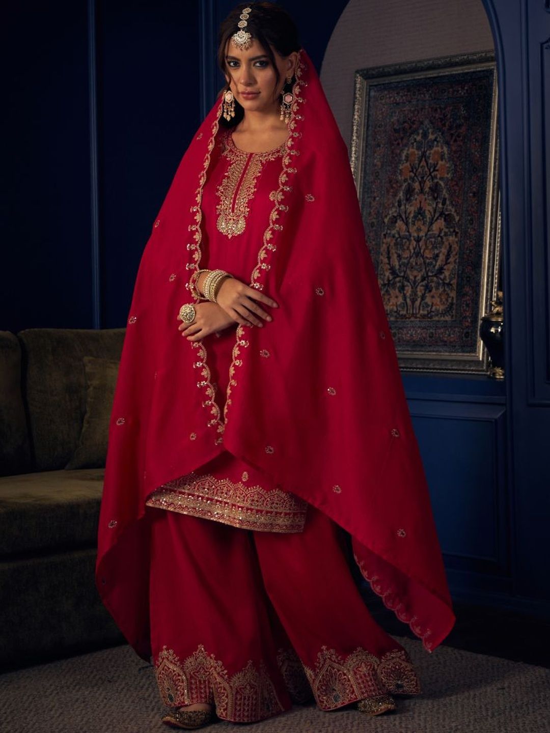 Dhiyona CH Floral Embroidered Straight Sequinned Kurta With Palazzos & Dupatta