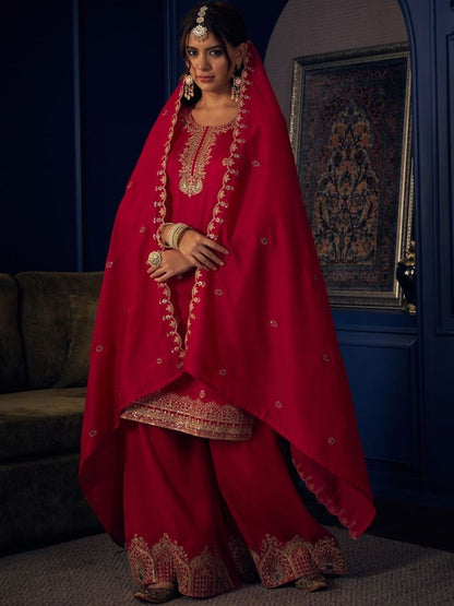 Dhiyona CH Floral Embroidered Straight Sequinned Kurta With Palazzos & Dupatta