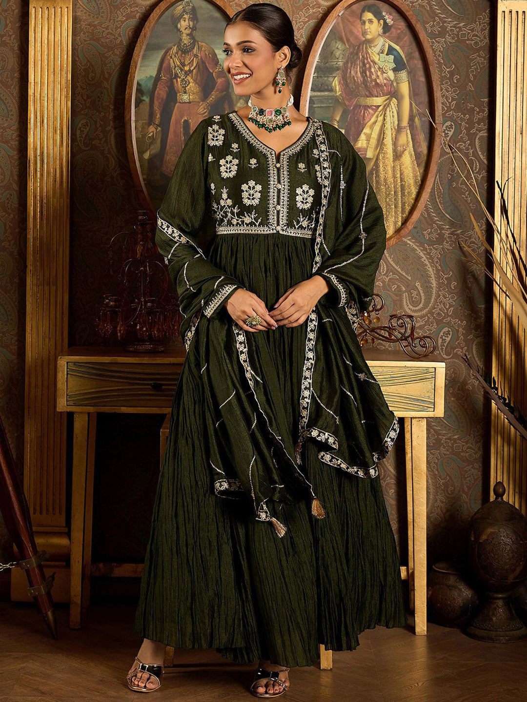 Floral Yoke Design Pleated Thread Work Anarkali Kurta With Trousers & Dupatta