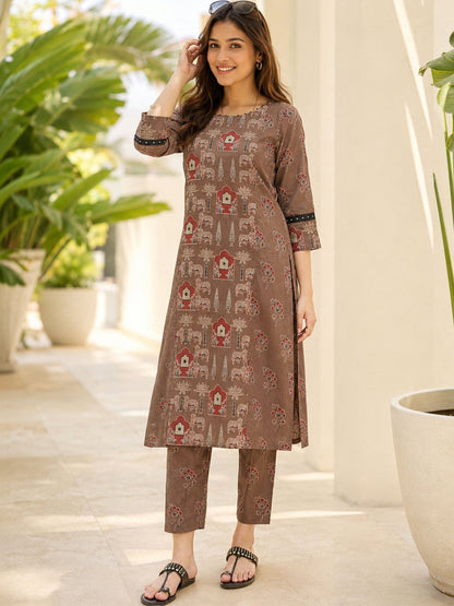 Printed Pure Round Neck Kurta & Trousers