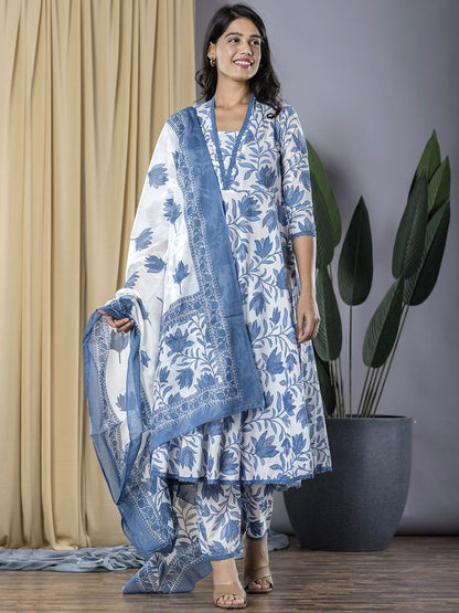 Dhiyona KL Floral Printed V-Neck Pure Cotton Anarkali Kurta With Trousers & Dupatta