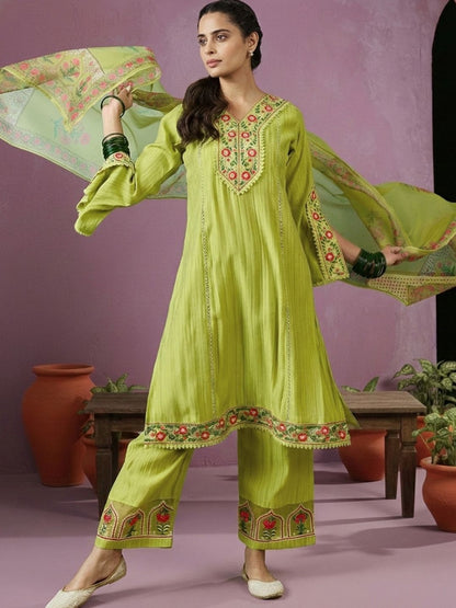 Dhiyona CH Women Floral Embroidered Regular Thread Work Kurta with Trousers & With Dupatta