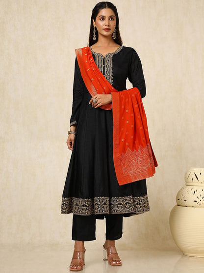 Dhiyona SO Women's Women Ethnic Motifs Embroidered Panelled Sequinned Dupion Silk Kurta with Trousers & With Dupatta