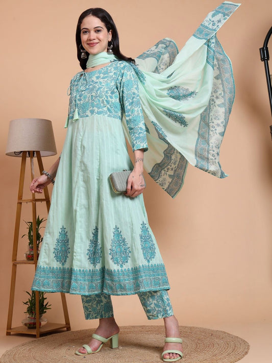 Dhiyona KL Women Floral Printed Panelled Pure Cotton Kurta with Trousers & With Dupatta