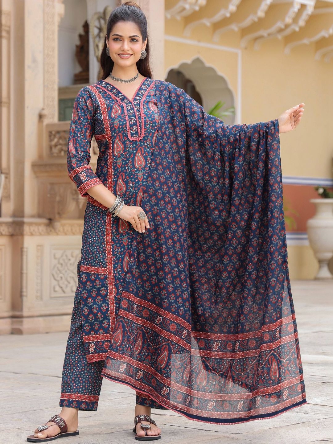 Dhiyona RR Women's Ethnic Motifs Printed Pleated Pure Cotton Kurta with Trousers & With Dupatta