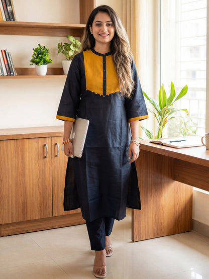 Black Solid A-line Kurta Trousers Set