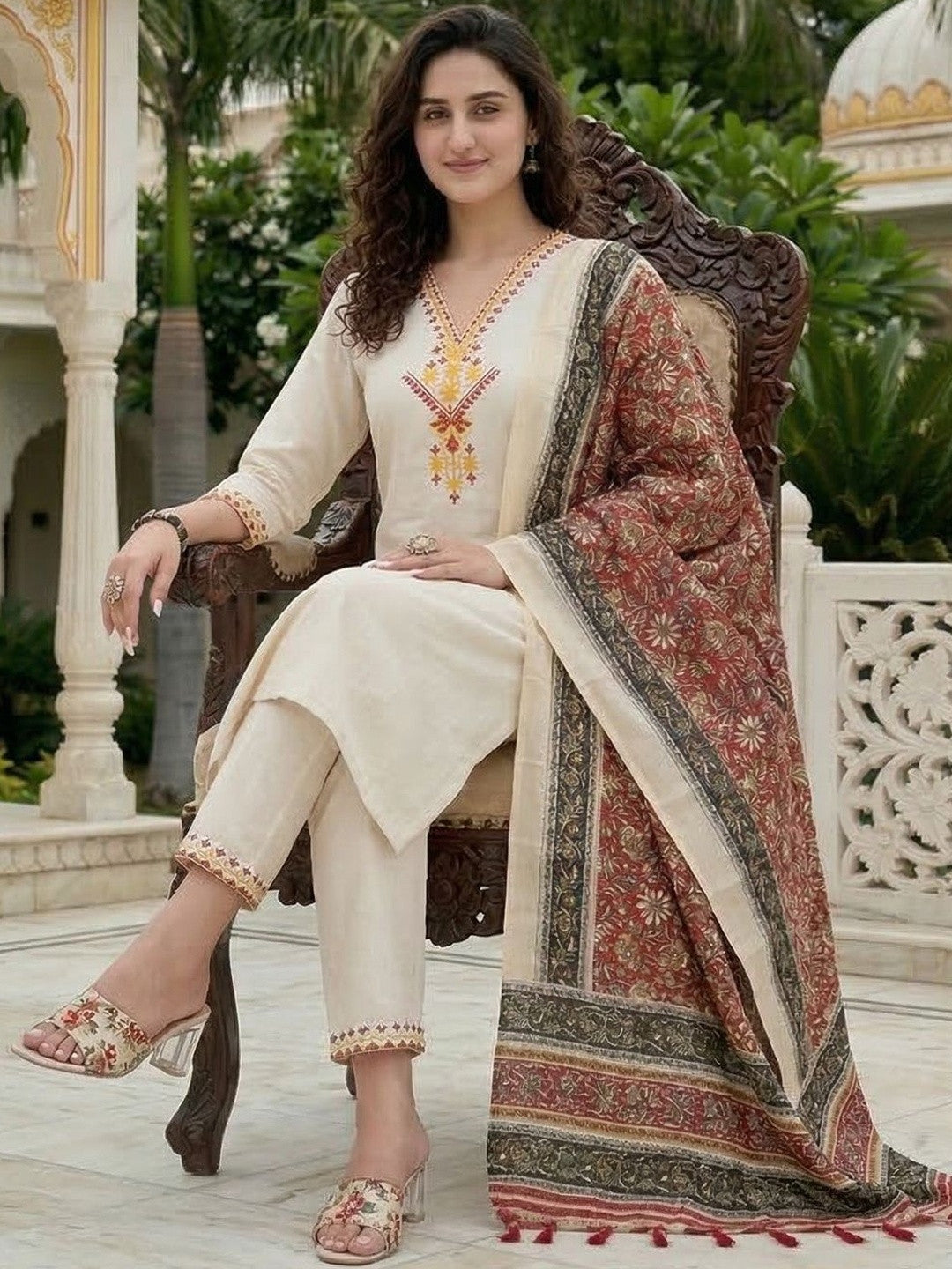 Embroidered Pure Cotton V-Neck Kurta & Trousers With Dupatta
