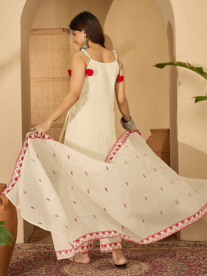 Embroidered Pure Cotton Shoulder Straps Kurta With Trousers & Dupatta