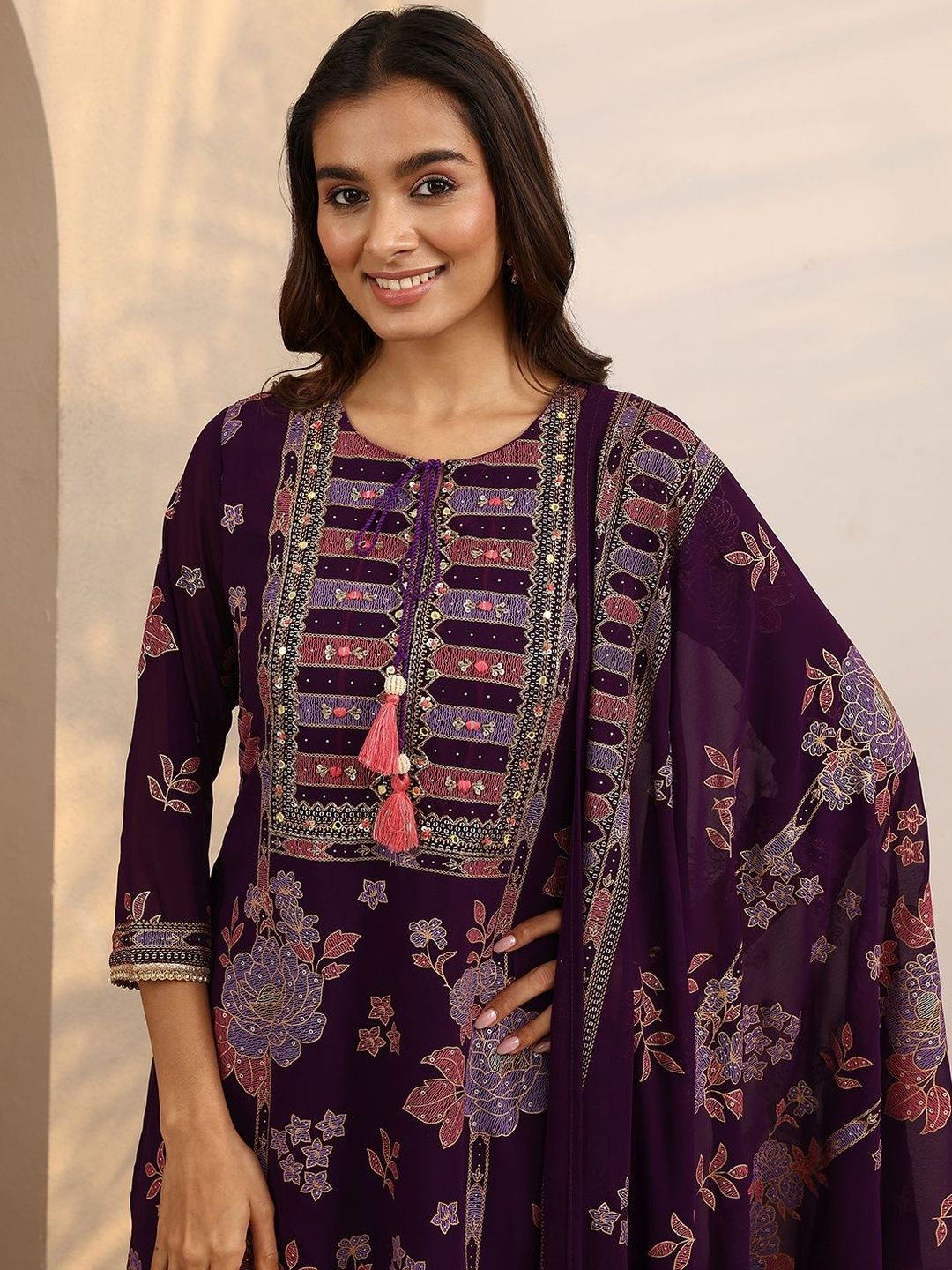 Dhiyona LL Women Ethnic Motifs Printed Regular Thread Work Kurta with Palazzos & With Dupatta