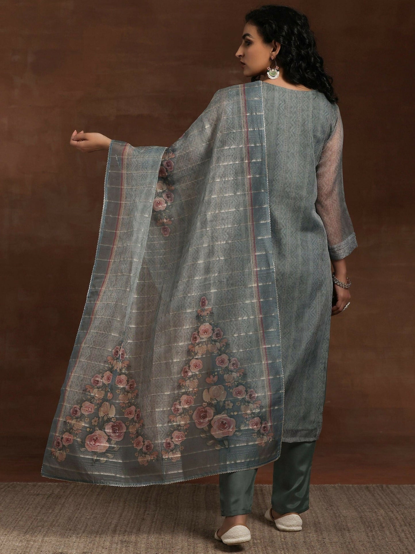 Women's LB Green Printed Organza Straight Suit With Dupatta