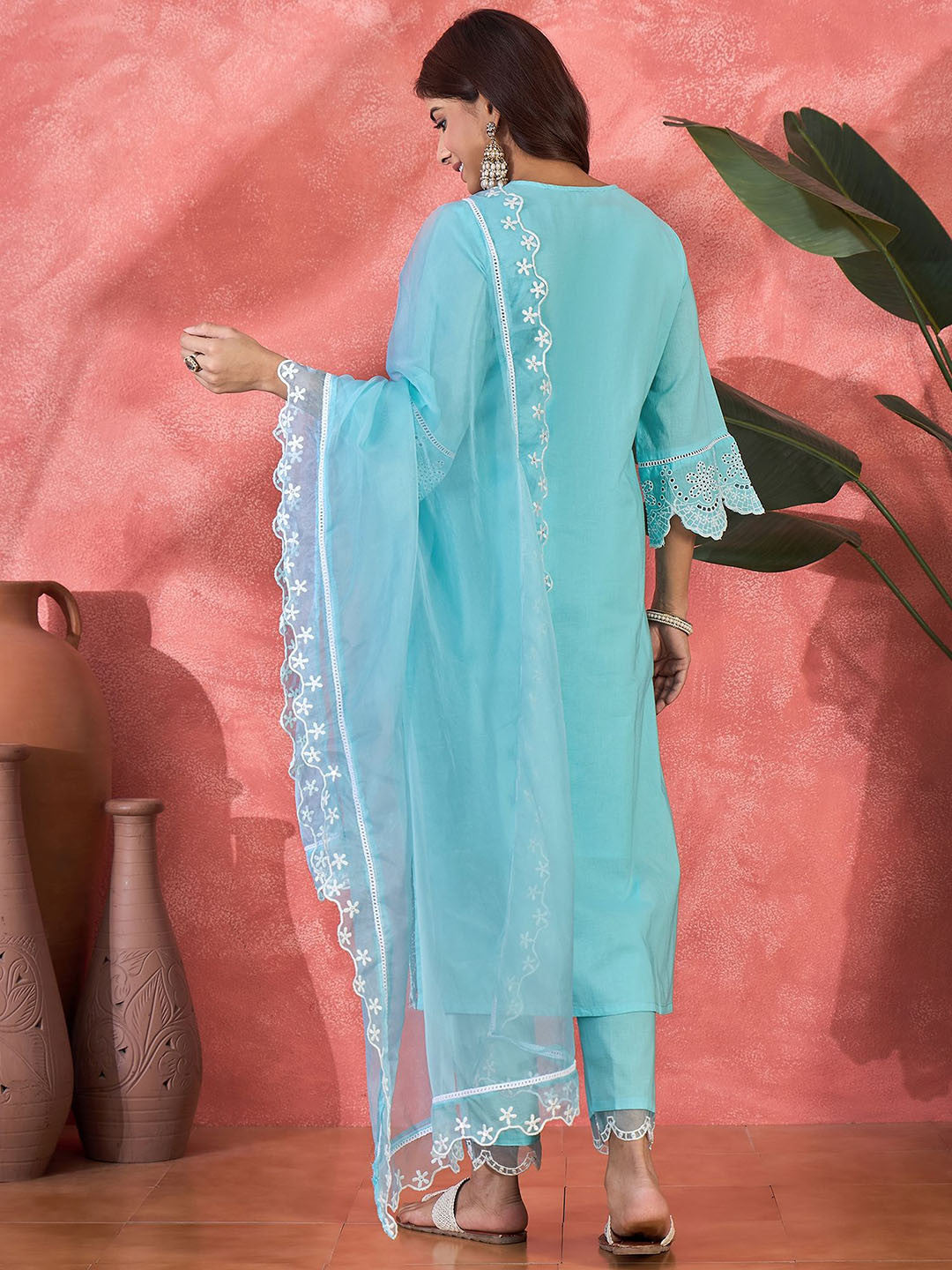 Floral Embroidered Printed Pure Cotton Kurta With Trousers & Dupatta