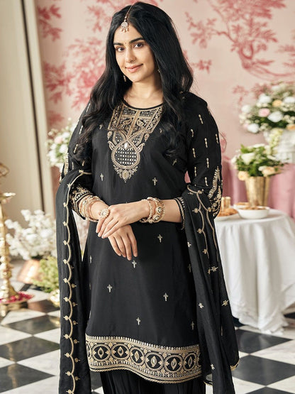 Dhiyona CH Floral Embroidered Straight Sequinned Kurta With Dhoti Pants & Dupatta