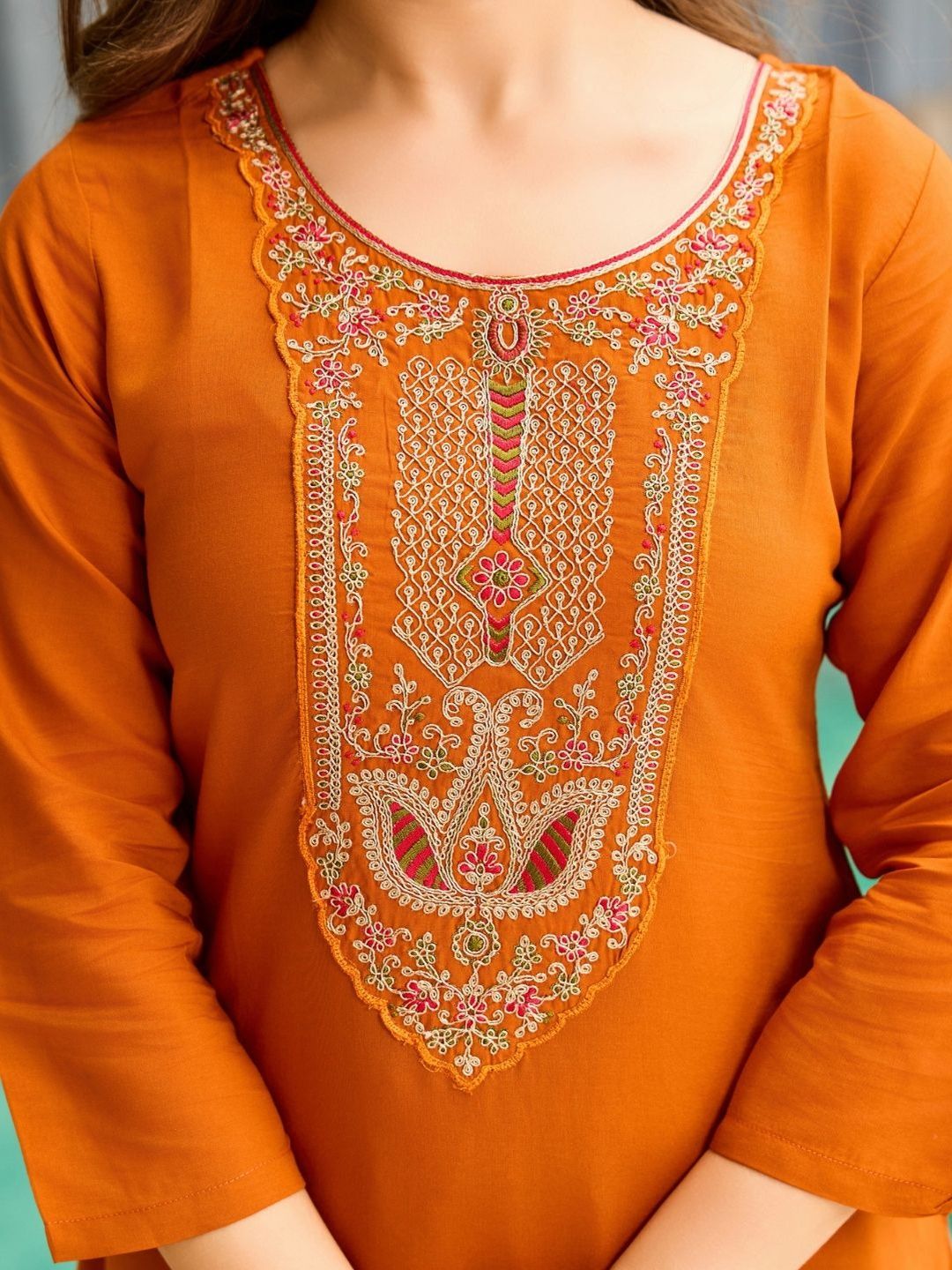 Dhiyona KL Women Orange Ethnic Motifs Embroidered Viscose Rayon Kurta With Trouser & Dupatta
