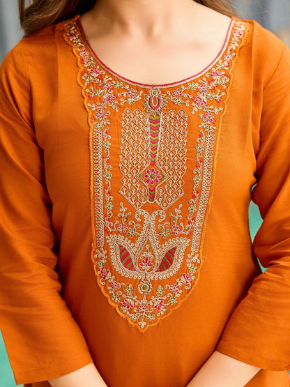 Dhiyona KL Women Orange Ethnic Motifs Embroidered Viscose Rayon Kurta With Trouser & Dupatta