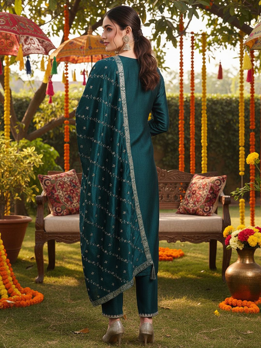 Dhiyona KL Ethnic Motifs Embroidered Regular Sequinned Kurta with Palazzos & With Dupatta