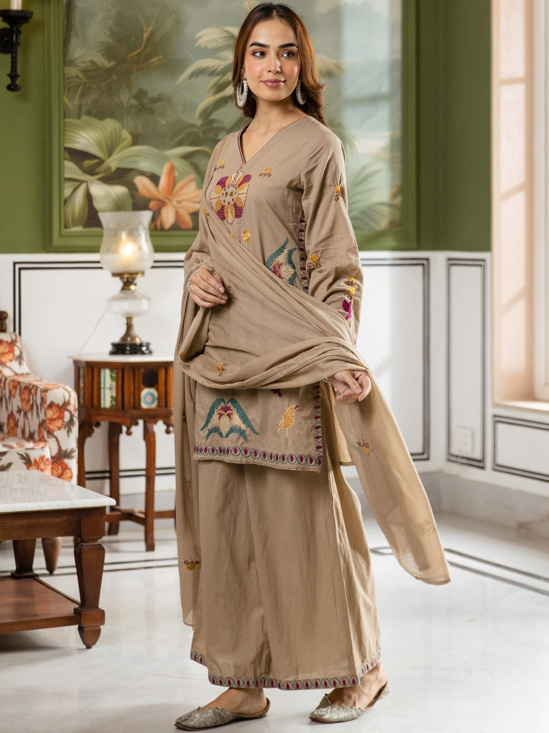 Embroidered Pure Cotton V-Neck Kurta Trousers & Dupatta