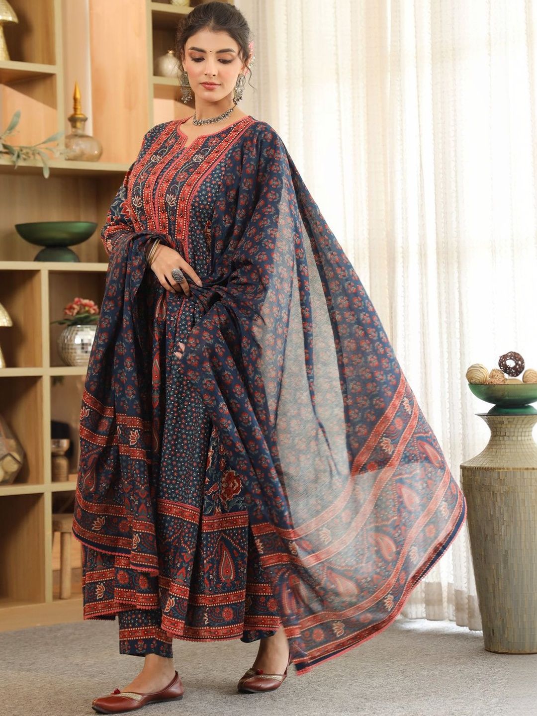Dhiyona RR Women's Ethnic Motifs Printed Pleated Pure Cotton Kurta with Trousers & With Dupatta