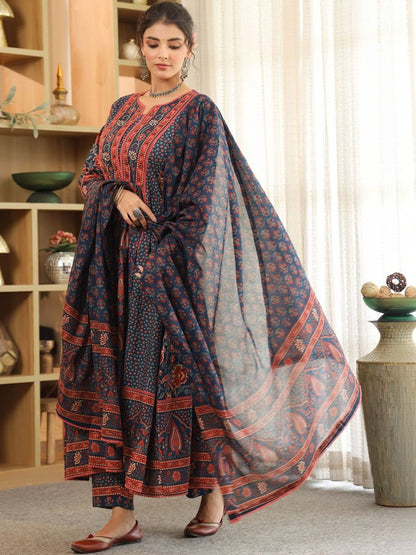 Dhiyona RR Women's Ethnic Motifs Printed Pleated Pure Cotton Kurta with Trousers & With Dupatta