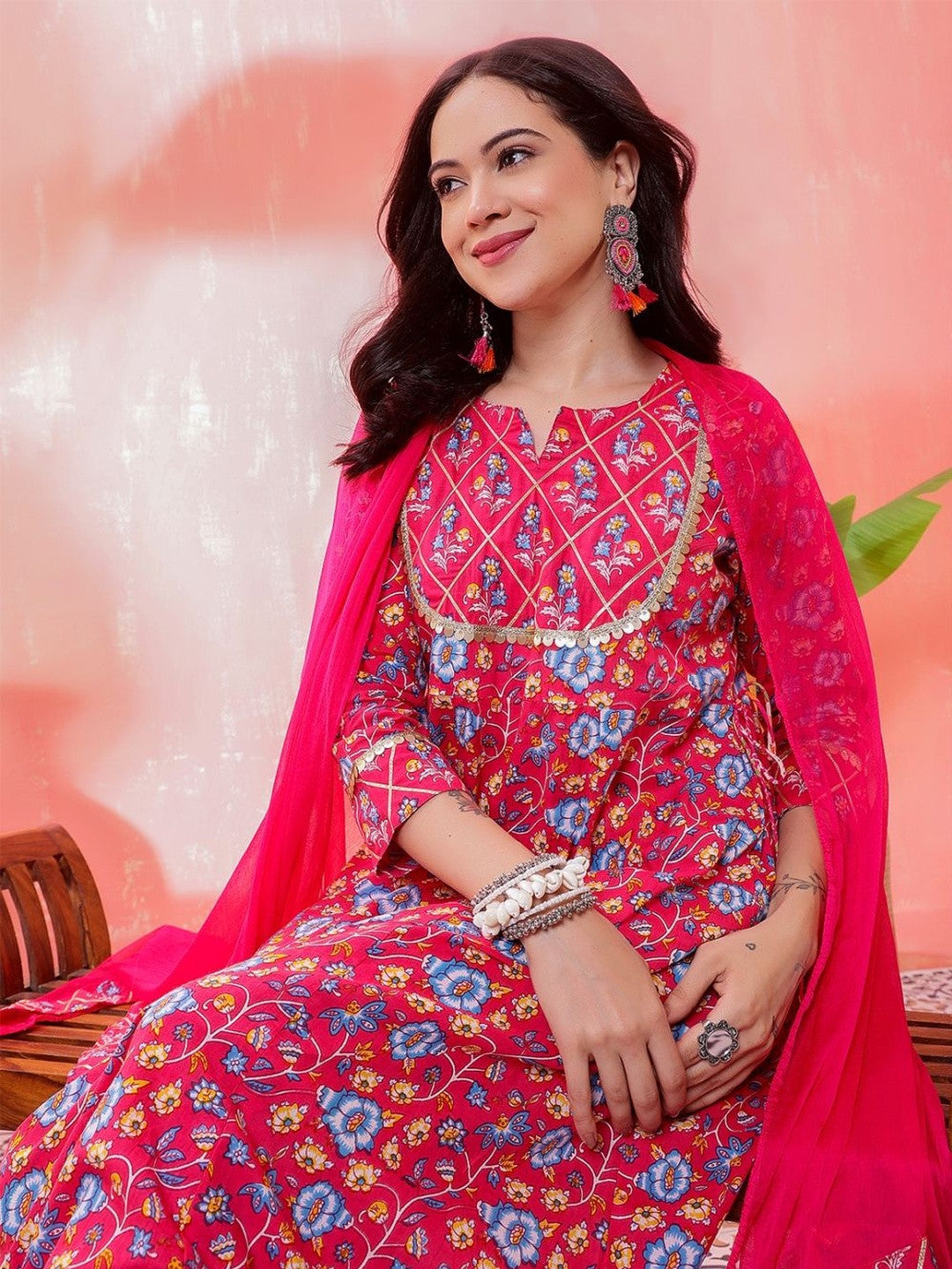 Embroidered Pure Cotton Round Neck Kurta & Palazzos Kurta Sets