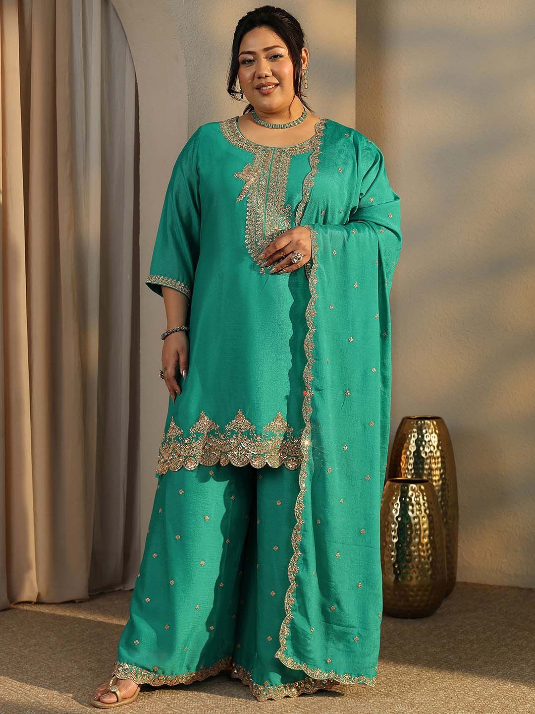 Dhiyona Women's Plus Size Ethnic Motifs Embroidered Kurta with Palazzo & Dupatta