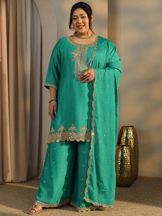 Dhiyona Women's Plus Size Ethnic Motifs Embroidered Kurta with Palazzo & Dupatta