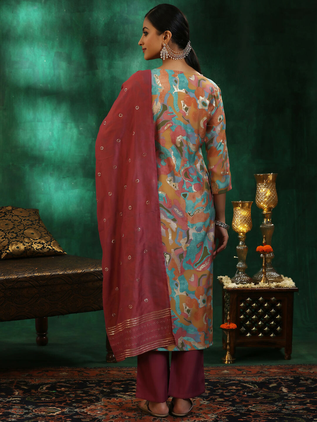 Women's LB Mauve Printed Silk blend Straight Suit With Dupatta