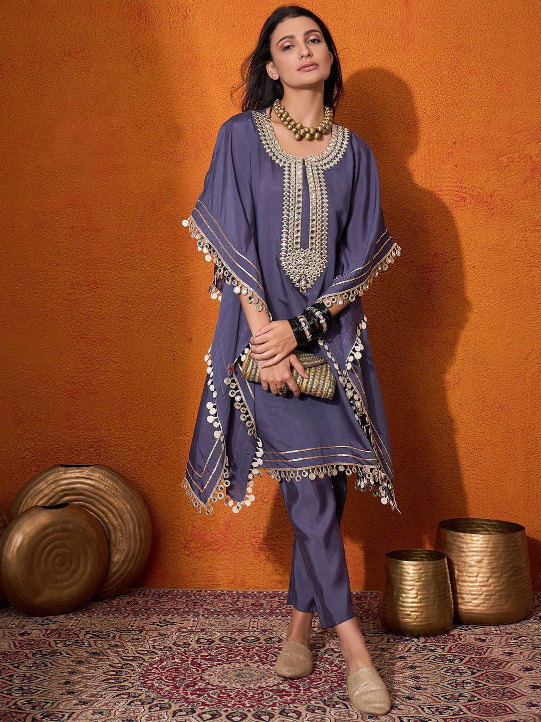 Dhiyona SN Blue Geometric Embroidered Round Neck Mirror Work Kaftan With Trousers