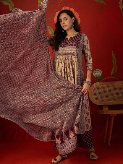 Women Paisley Printed Empire Pure Cotton Kurta with Trousers & With Dupatta
