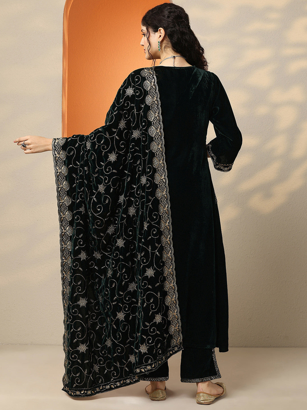 Floral Embroidered Zari Velvet A-Line Kurta With Trousers & Dupatta