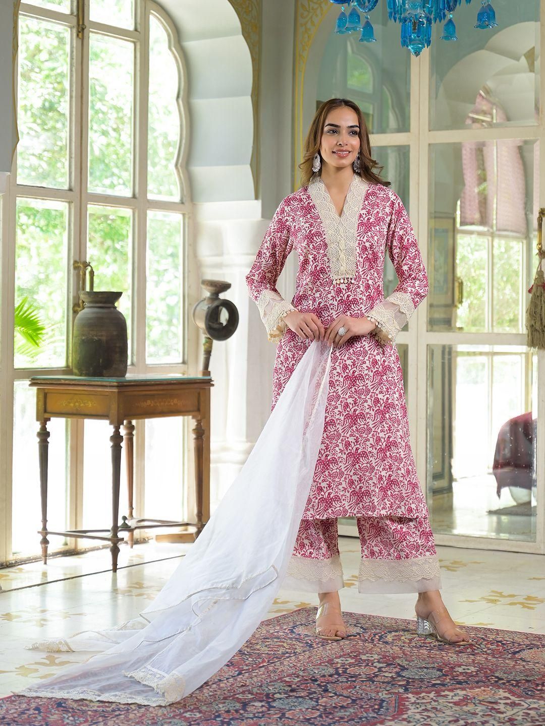 Dhiyona KL Women Cream and pink Viscose Rayon Kurta With Trousers & Dupatta