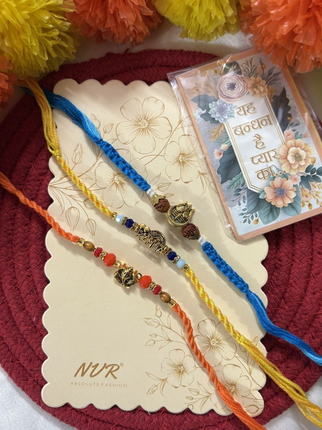 Dhiyona Set Of 3 Rudraksh Religious Rakhi Thread Rakhi Roli Chawal Chandan Mishri
