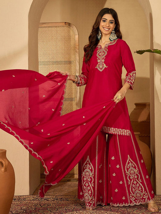 Dhiyona SN Zari Sequence Embroidered Kurta With Trousers & Dupatta