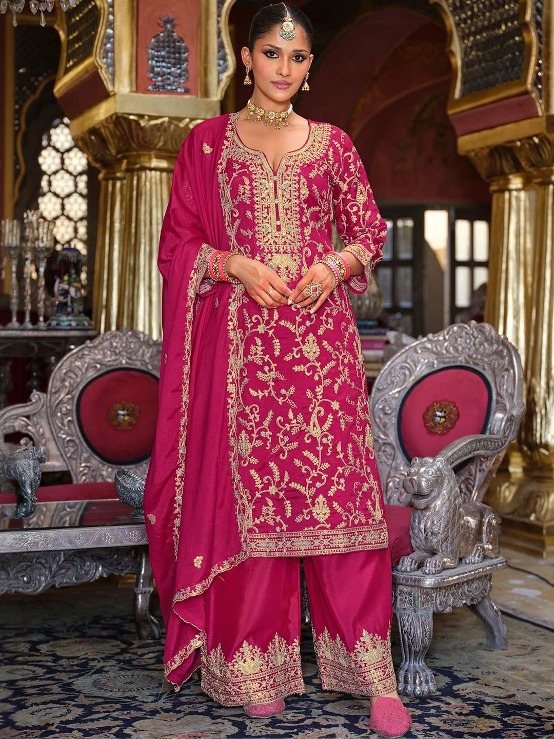 Dhiyona IE Ethnic Motifs Embroidered Zari V-Neck Straight Kurta & Palazzos With Dupatta