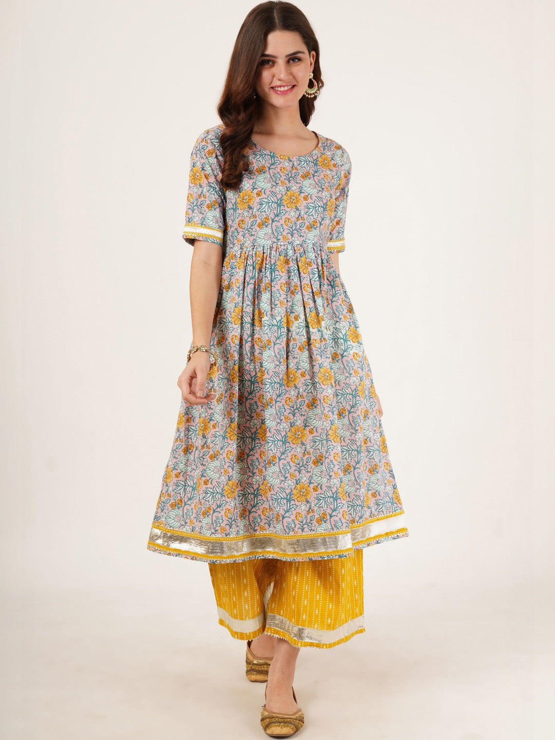Women Floral Printed Empire Pure Cotton Kurta with Palazzos