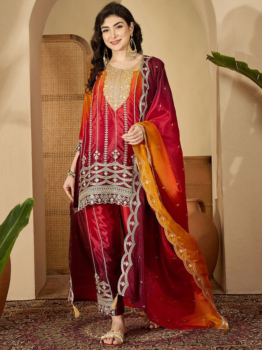 Floral Embroidered Round Neck Sequinned Kurta With Trouser & Dupatta