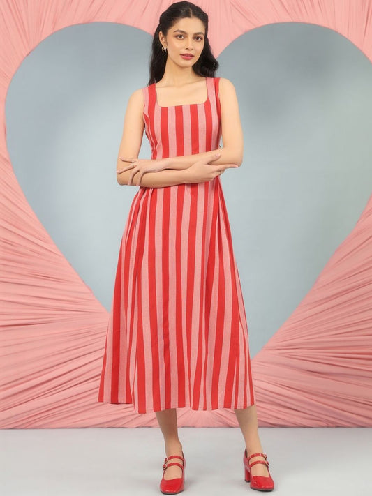 Dhiyona AY Women's Striped Cotton A-Line Midi Ethnic Dresses