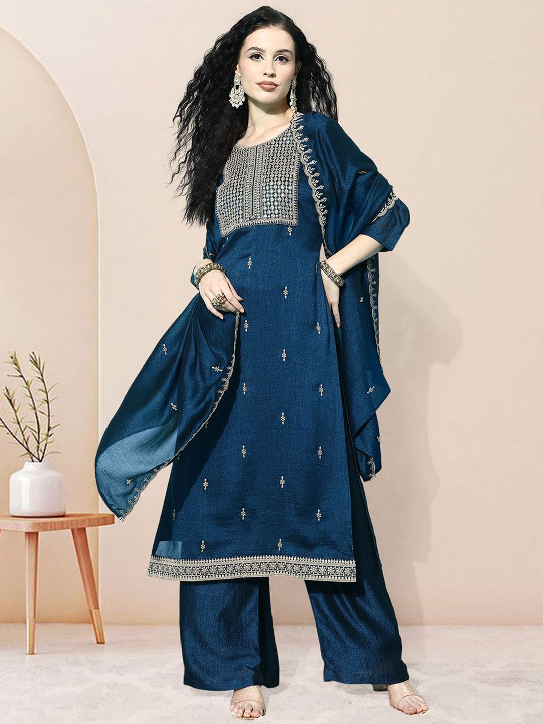 Dhiyona SN Embroidered Round Neck Kurta Palazzo with Dupatta