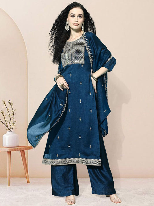 Dhiyona SN Embroidered Round Neck Kurta Palazzo with Dupatta