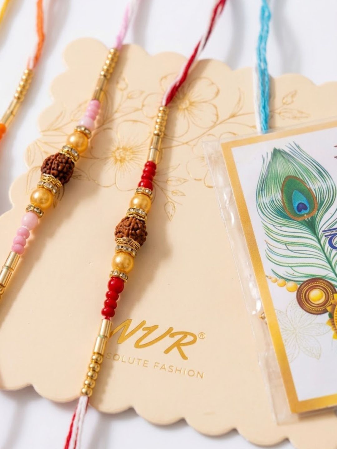 Dhiyona Set Of 6 Rudraksh & Artificial Beads Thread Rakhi With Roli Chawal Chandan Mishri