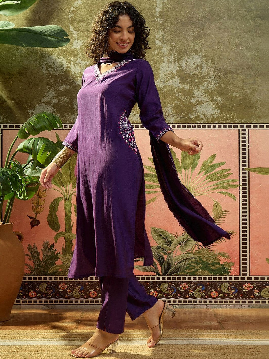 Embroidered V Neck Kurta Sets