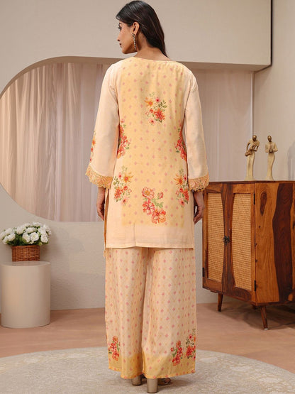Peach Floral Printed Straight Kurta Set